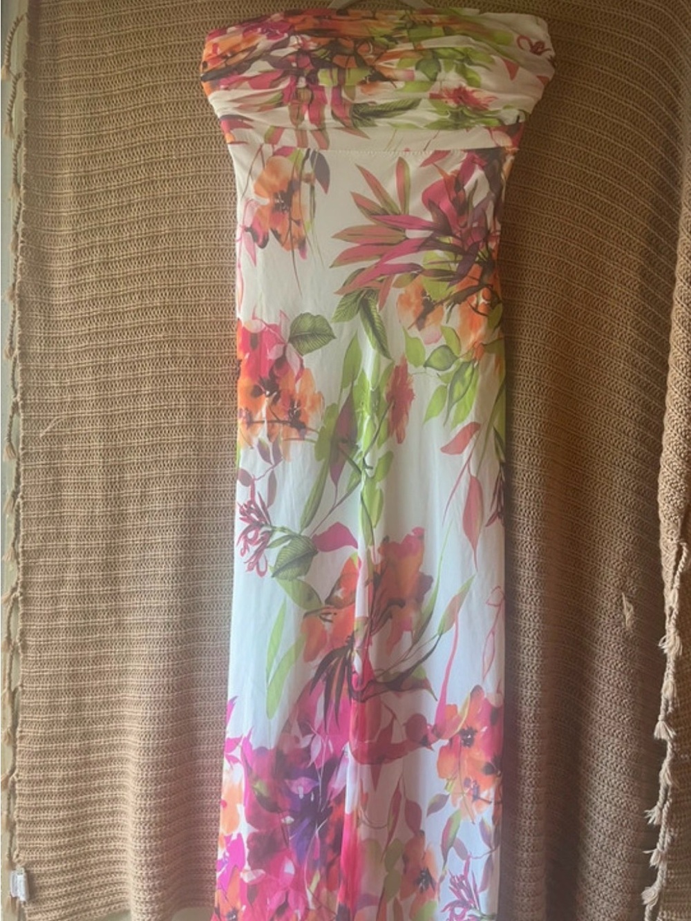 Cache Strapless Floral Maxi Dress in White with Pink, Orange & Green